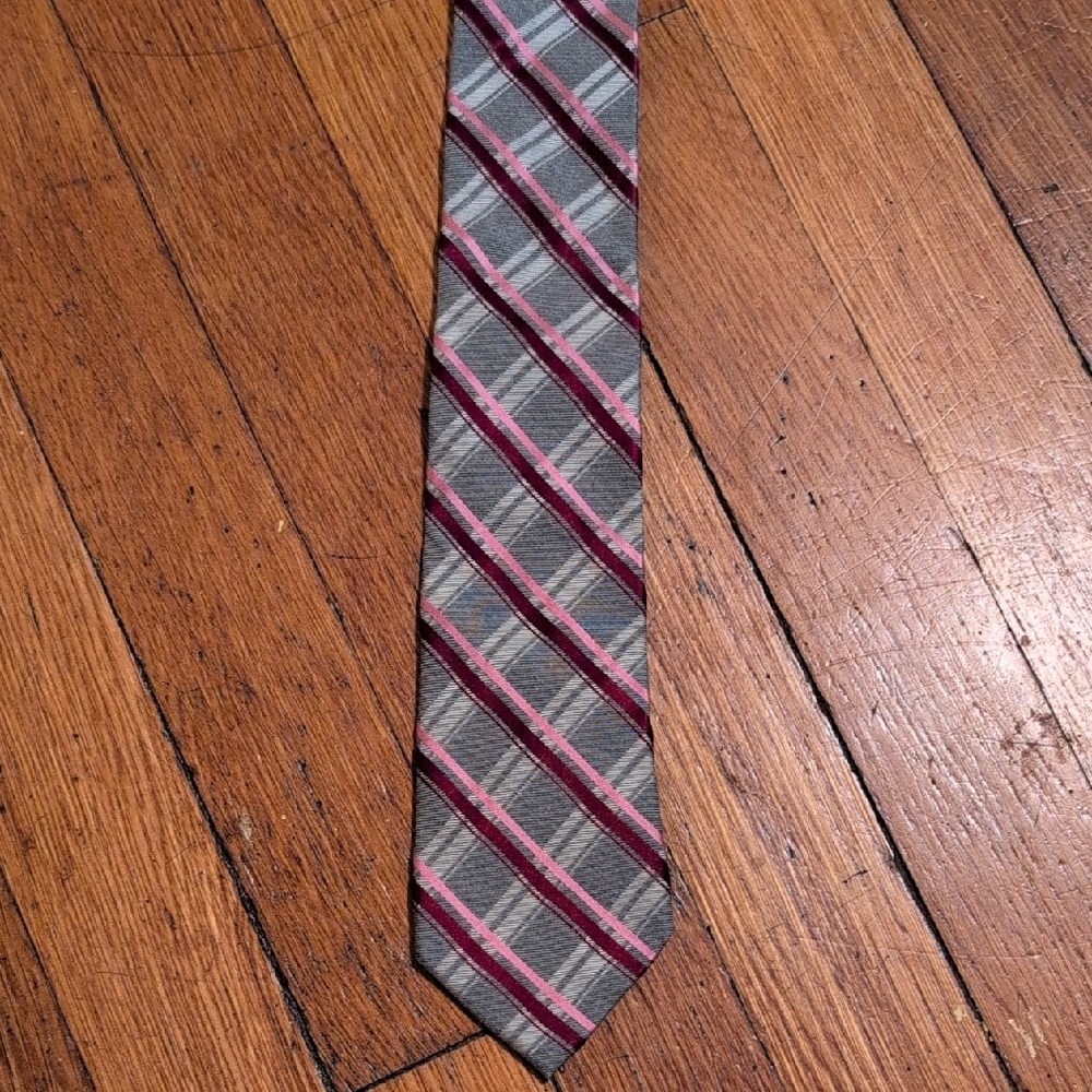 Express Gray, Red, Pink Diagonal Striped Tie - Silk Blend